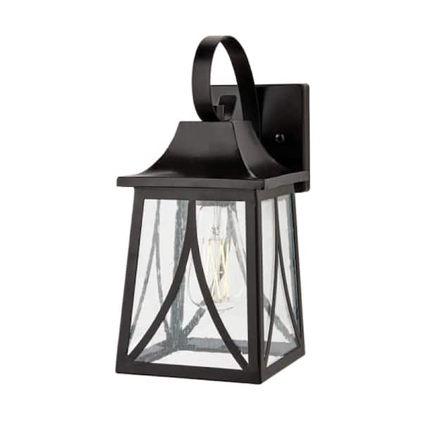 Drackert 13 in. 1-Light Flat Black Hardwired Outdoor Wall Light Lantern Sconce with Seedy Glass, No Bulb Included