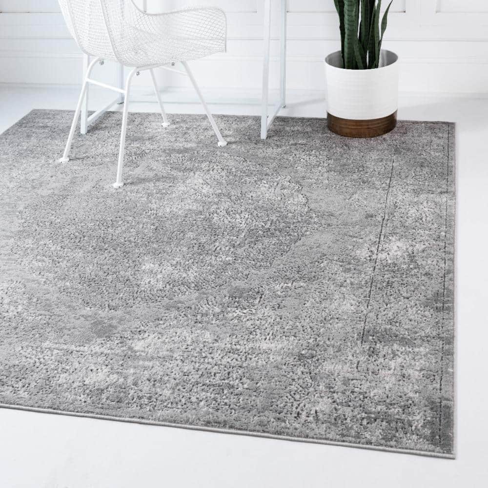 Serene Light Gray Geometric 6' Square Synthetic Area Rug