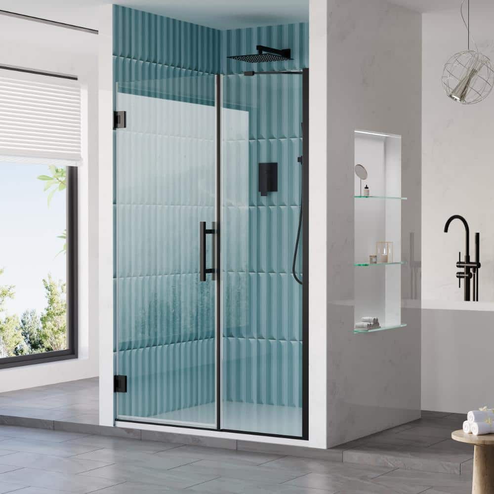 "48-49 in. W x 72 in. H Pivot Hinged Frameless Shower Door in Matte Black with 3/8"" SGCC Clear Tempered Glass" price history on PriceWatchPro