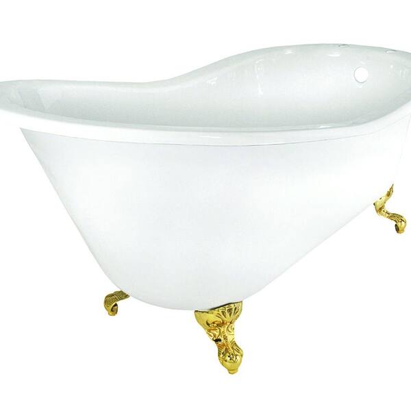 Elizabethan Classics 60 in. Slipper Cast Iron Tub Rim Faucet Holes in White with Ball and Claw Feet in Polished Brass