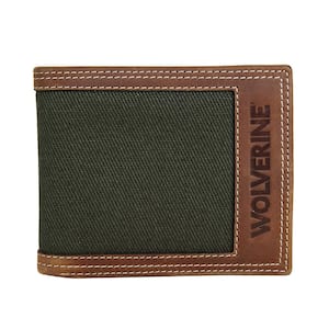 Oil Tan Leather and Canvas Bifold Wallet in Brown/Olive