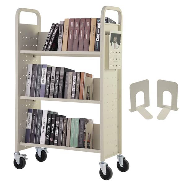 SKYSHALO Book Cart 330 lbs. Library Cart 31 x 15 x 49 in. Single Sided V-Shaped Sloped Shelves w/4 in. Lockable Wheels in Cream