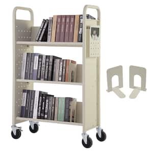 Book Cart 330 lbs. Library Cart 31 x 15 x 49 in. Single Sided V-Shaped Sloped Shelves w/4 in. Lockable Wheels in Cream