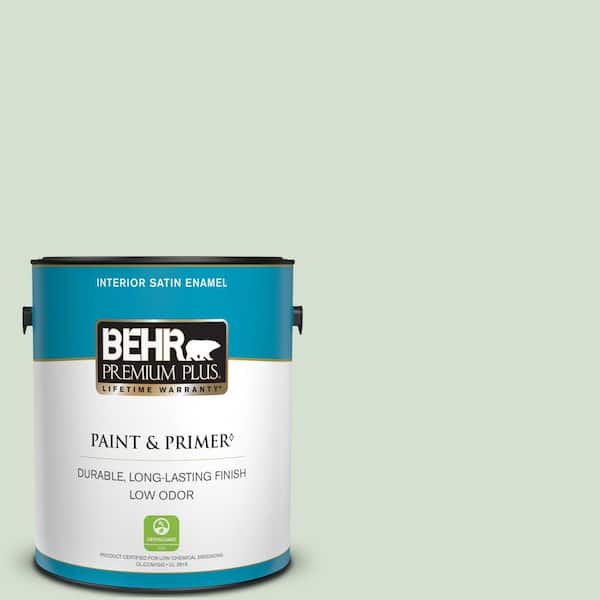 BEHR PREMIUM PLUS 1 gal. #S400-2 Comforting Green Satin Enamel Low Odor Interior Paint & Primer