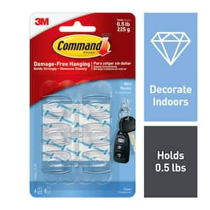 Mini Wall Hooks, Clear, Damage Free Decorating, Six Hooks and Eight Command Strips