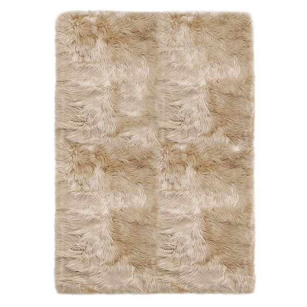 Large Area Rug Light Brown 8 ft. x 10 ft. Faux Sheepskin Fur Rug Fluffy Fuzzy Fuzrry Area Rug