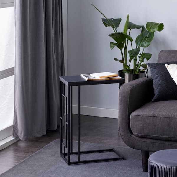 Litton Lane 19 in. Dark Brown C-Shaped Large Rectangle Wood End Table with Black Metal Base