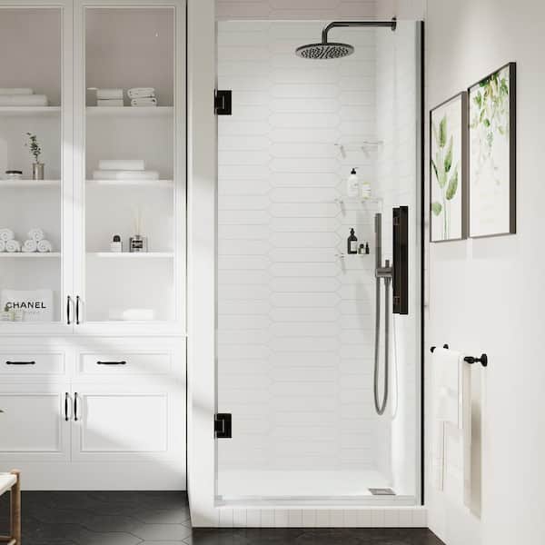 OVE Decors Tampa-Pro 30 11/16 in. W x 72 in. H Pivot Frameless Shower in Oil Rubbed Bronze with Shelves