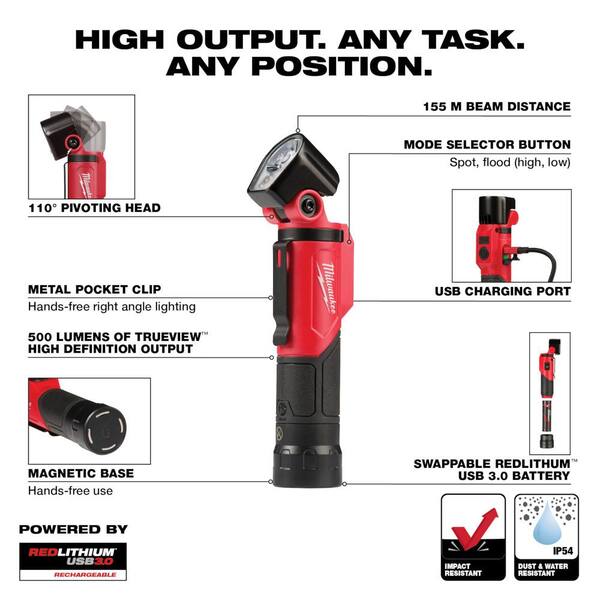 Milwaukee 500 Lumens Led Pivoting Redlithium Usb Flashlight With 600 Lumens Led Usb Low Profile Hard Hat Headlamp 2 Pack 2113 21 2115 21 The Home Depot