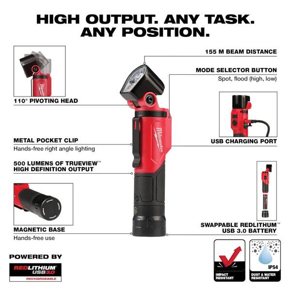 Milwaukee Pivoting Flashlight 500-Lumen Water Resistant Rechargeable Red 