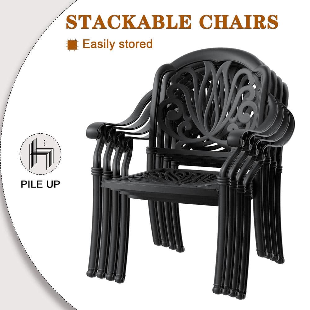 Matte Black Cast Aluminum Dining Chairs with Cushions, Set of 6