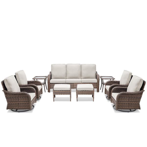 9-Piece Wicker Swivel Patio Conversation Set, Sofa, Swivel Chairs, Footstools and Table with Beige Cushions