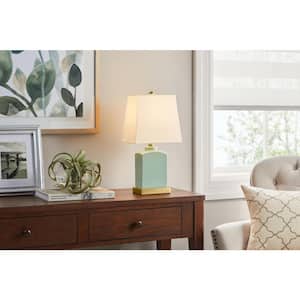 Oakman 18.5 in. Ceramic Green Indoor Table Lamp with White Fabric Shade