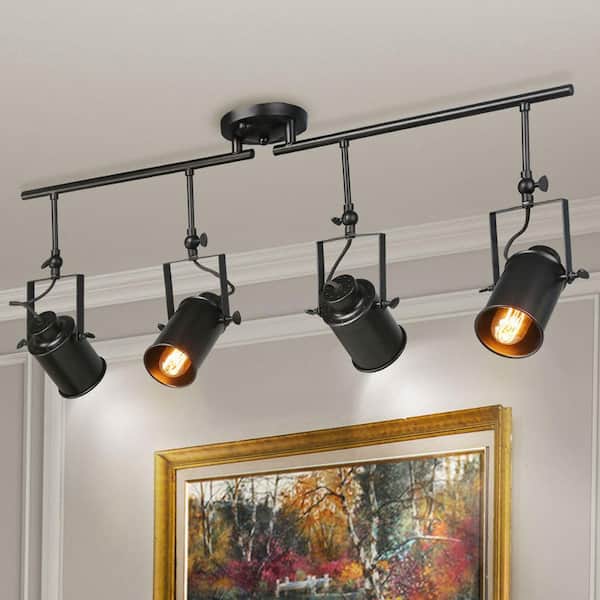 Modern Industrial Black Fixed Track Lighting Kit 4-Light Linear Task Light with Rotatable Cylinder Heads, LED Compatible