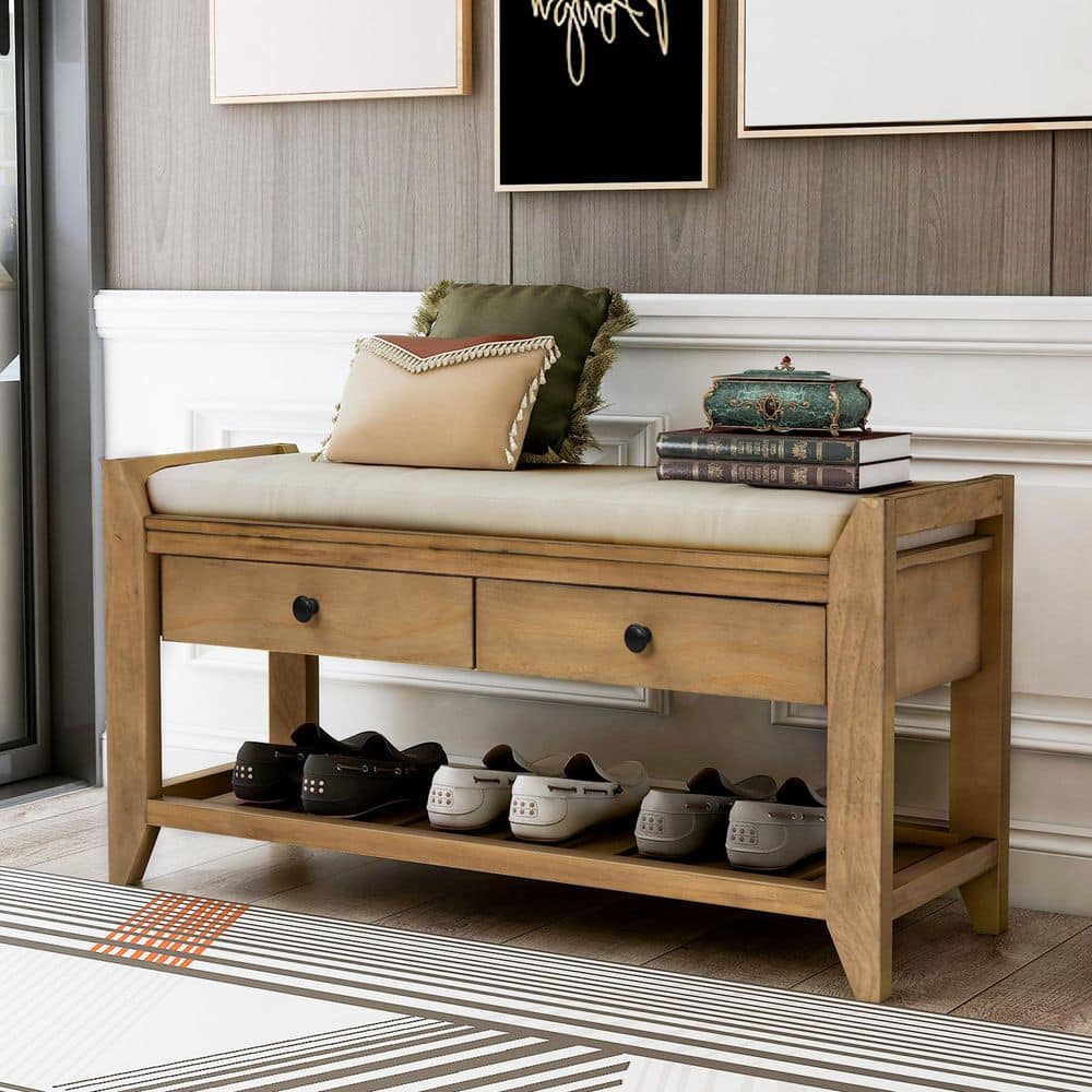 Phineas 19.80 in. H x 39.00 in. W Old Pine Wood Shoe Storage Bench with Cushioned Seat and Drawers price history on PriceWatchPro