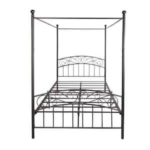 53.94 in. W Black Full Size Metal Canopy Bed Frame with Ornate European Style Headboard and Footboard Sturdy Steel