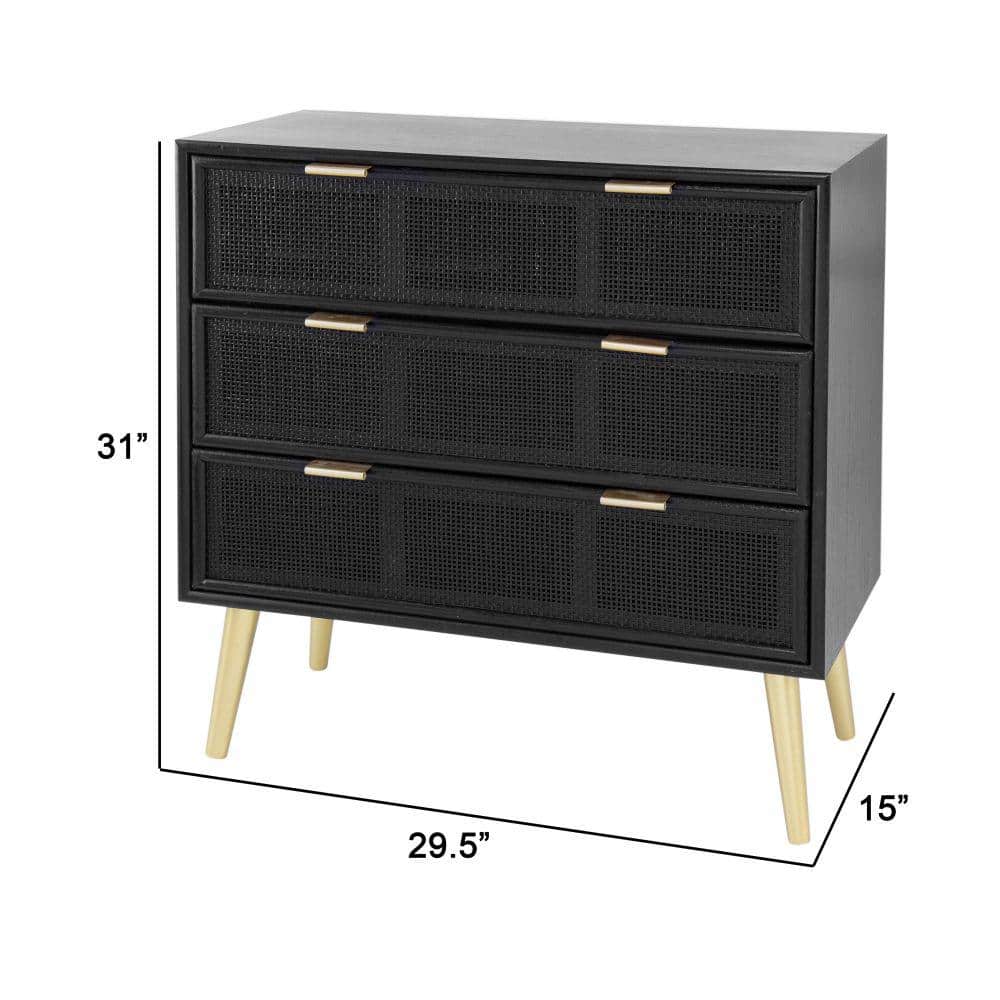 Mid-Century Mirrored 31" Black Dresser with Woven Rattan Drawers