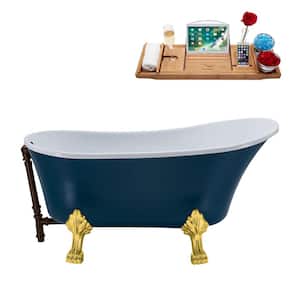 55 in. Acrylic Clawfoot Non-Whirlpool Bathtub in Matte Light Blue, Polished Gold Clawfeet,Matte Oil Rubbed Bronze Drain
