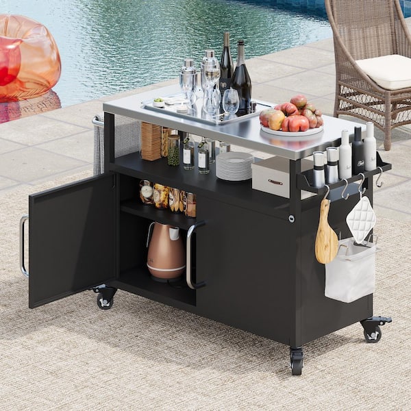 W54. 5" Metal Outdoor Bar Grill Cart With Storage Cabinet & Spice Rack & Towel Rack