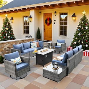 Messi Gray 11-Piece Wicker Patio Conversation Sectional Sofa Fire Pit Set with Swivel Chairs and Denim Blue Cushions