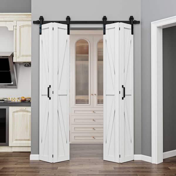 50 in. x 84 in. Paneled K Shape Solid Core White Finished Composite MDF Bifold Door with Bifold Barn Door Hardware