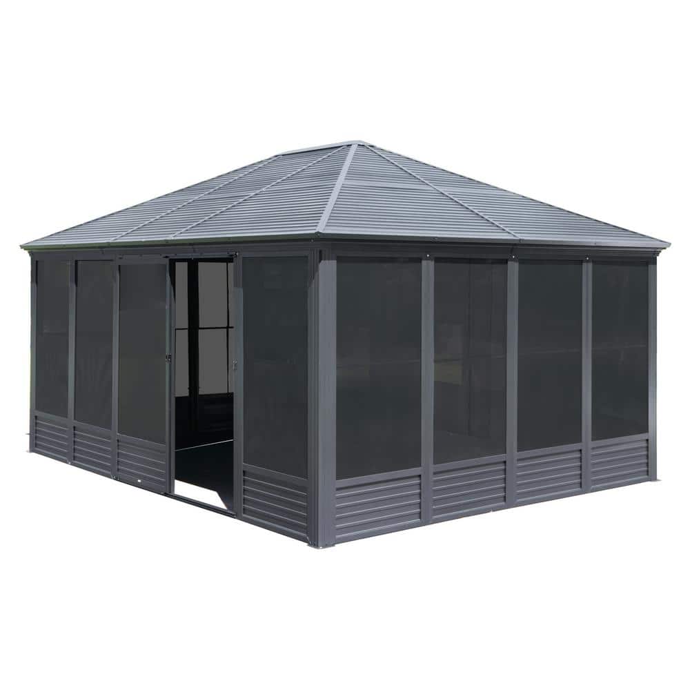 13 ft. x 16.5 ft. Sunroom Hardtop Gazebo Solarium Galvanized Steel Double Roof Aluminum Screen House Patio Backyard Gray price history on PriceWatchPro