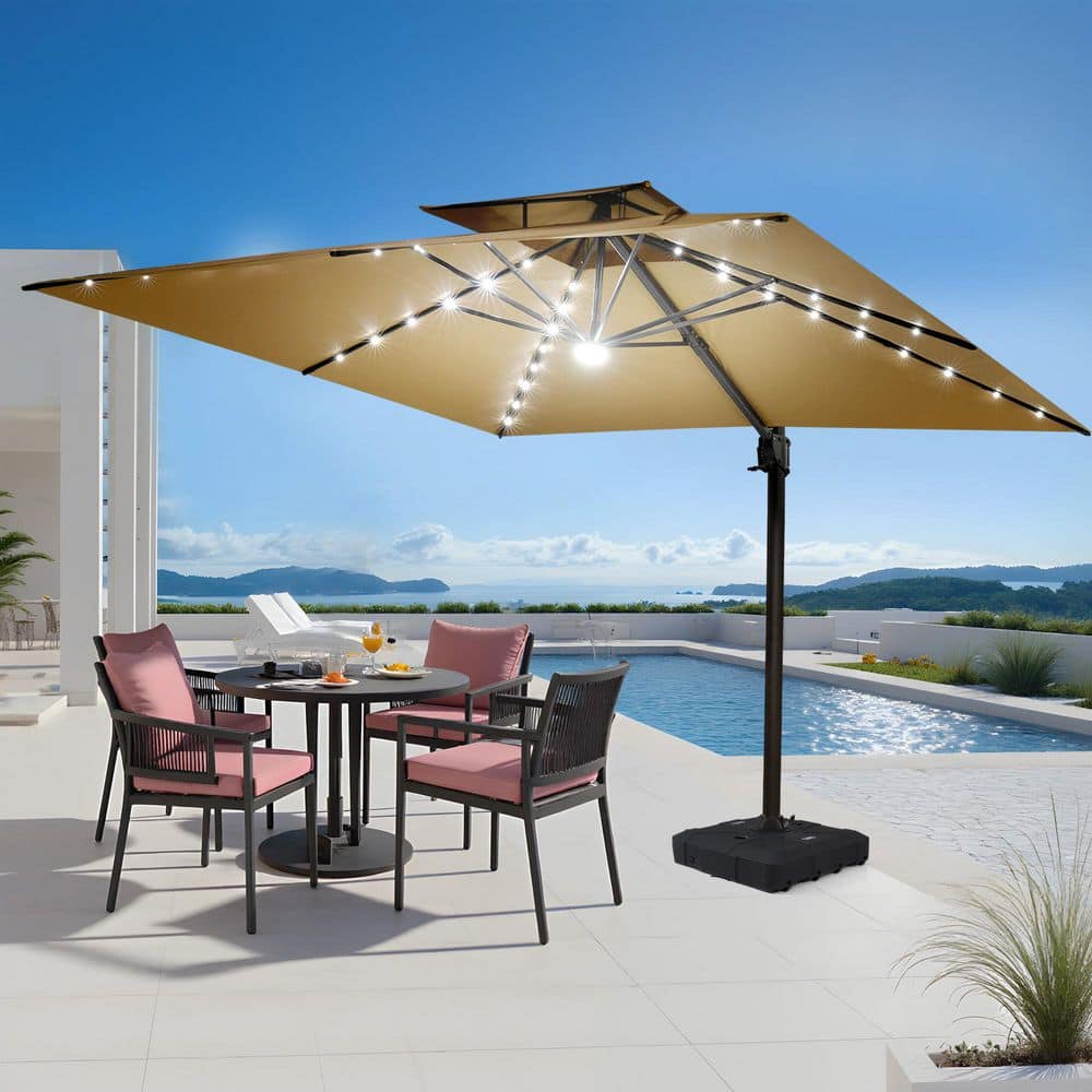 Solar LED Double Top 9 ft. x 11.5 ft. Outdoor Cantilever 360° Rotation Tiltable Patio Umbrella in Tan with Base price history on PriceWatchPro