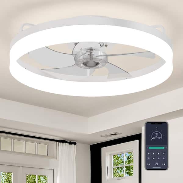 20 in. LED Indoor White Low Profile Reversible Flush Mount Caged Ceiling Fan with Dimmable Light and Smart App Remote