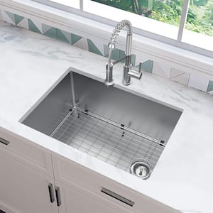 Tight Radius 27 in. Undermount Single Bowl 18 Gauge Stainless Steel Kitchen Sink with Spring Neck Faucet