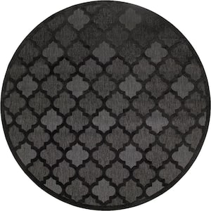 Easy Care Charcoal Black 10 ft. x 10 ft. Trellis Contemporary Round Area Rug