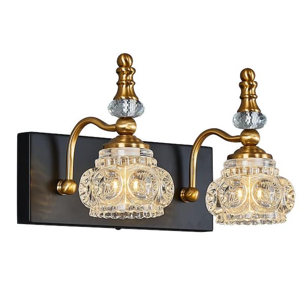HomeLighting Fixture Width 11.81 in. 2-Light BlackGold Modern Glass Crystal Vanity Light-Vintage For Bathroom(JW-493)