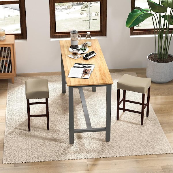 25 in. Beige Backless Wood Bar Stool Counter Height Saddle Kitchen Chairs with Wooden Legs Set of 2