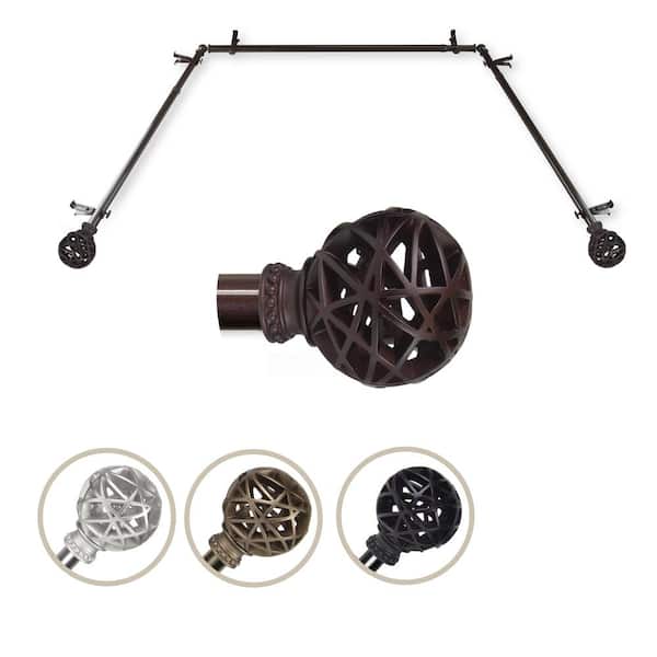 EMOH 13/16" Dia Adjustable Bay Window Single Curtain Rod 20 to 36", 38 to 72" in Cocoa with London Finials