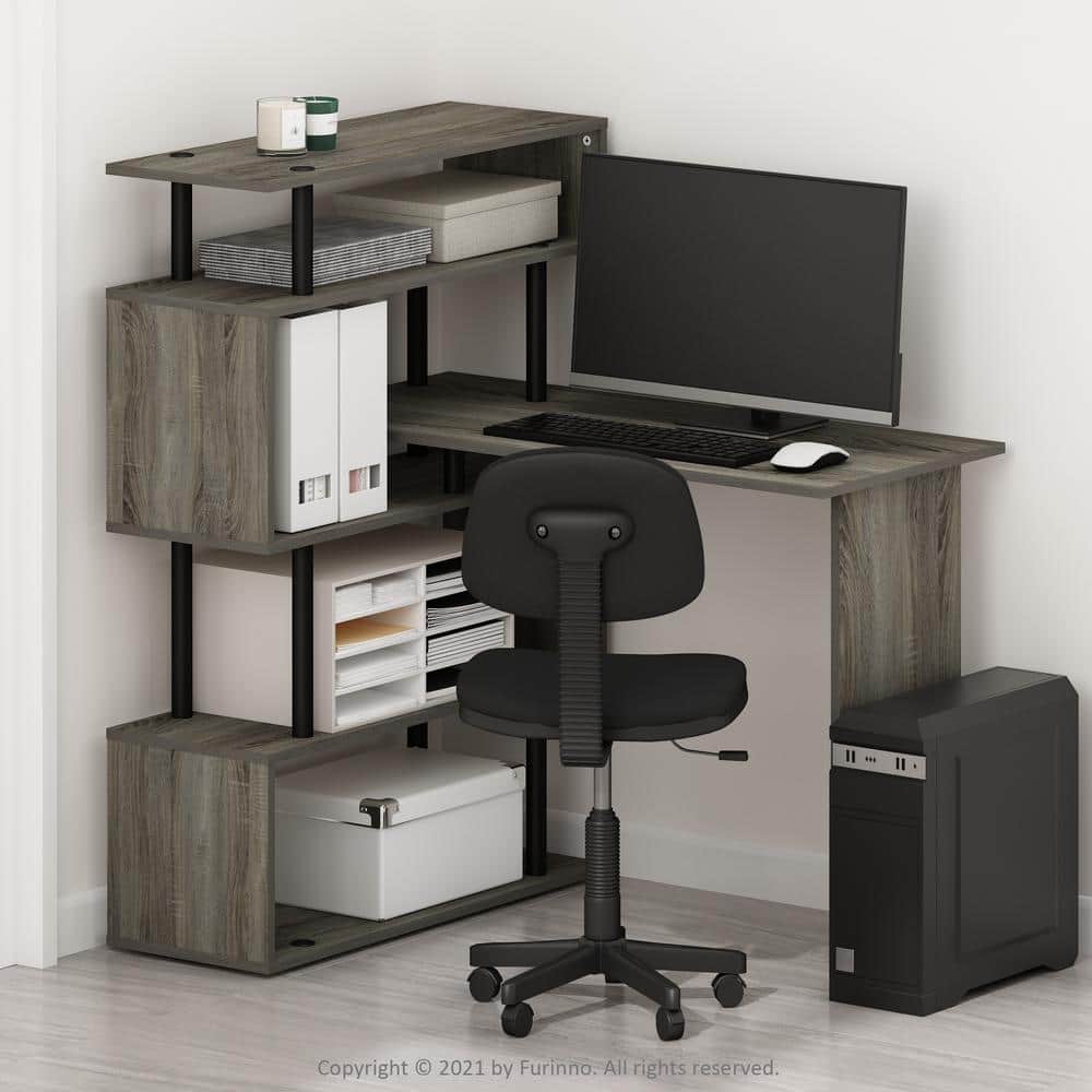 French Oak and Black Wood L-Shape Corner Computer Desk