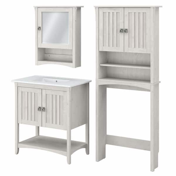 Bush Furniture Salinas 31.89 in. W Single Sink Bath Vanity in Linen White Oak with White Wood Top and Mirror