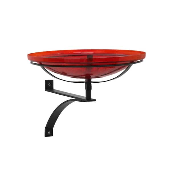 14 in. Dia. Round Tomato Red Crackle Glass Birdbath w/Black Wrought Iron Wall Mount Bracket