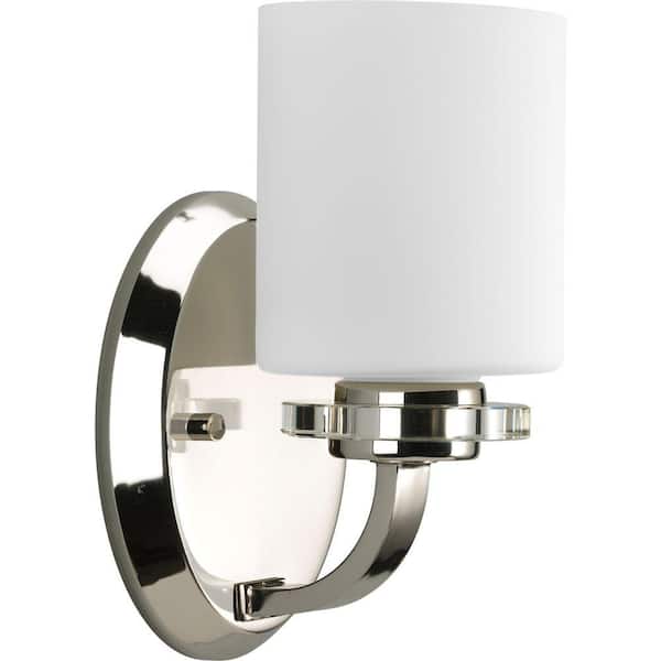Progress Lighting Nisse Collection 1-Light Polished Nickel Bath Sconce with Opal Etched Glass Shade