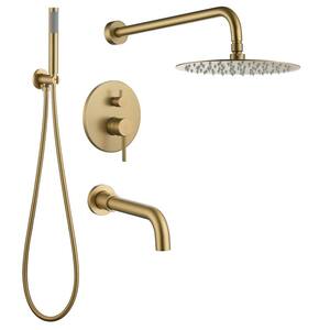 1-Spray 10 in. Round Wall Mount Dual Rain Fixed and Handheld Shower Head 1.8 GPM in Brushed Gold