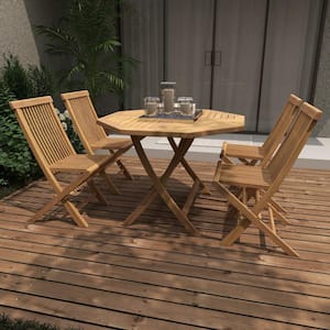 Brown 5-Piece Teak Wood Octagon Folding 4 Chair Outdoor Dining Set (5- Pack)