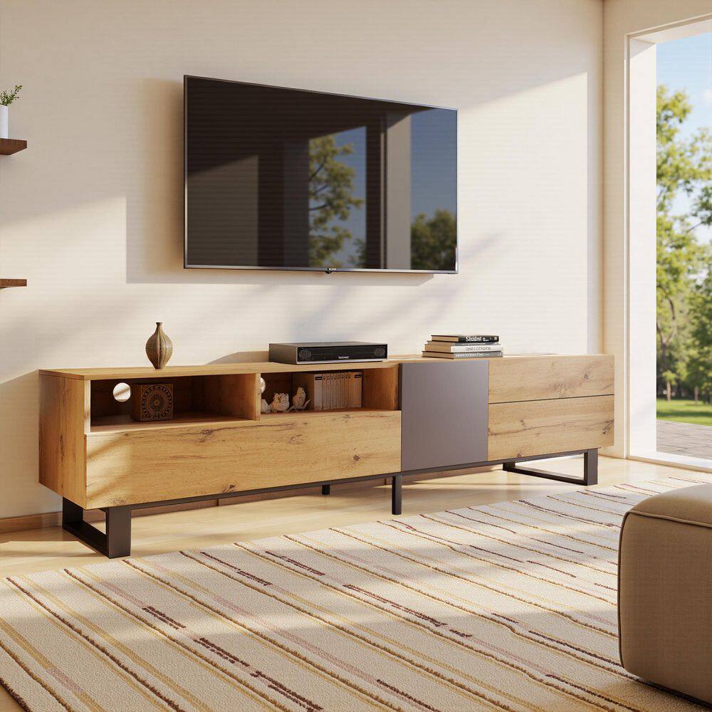 Brown wood grain TV stand with open shelving and a dark gray door.