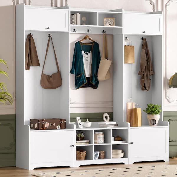 Jaime Modern 4 in 1 White Entryway Hall Tree with 3 Benches, 4 Cabinets, Coat Hooks, Cubbies, Adjustable Shelf