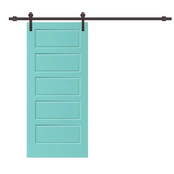 CALHOME 30 in. x 80 in. Mint Green Stained Composite MDF 5 Panel Interior Sliding Barn Door with Hardware Kit