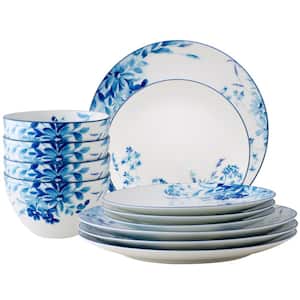 Blossom Road (White and Blue) Porcelain 12-Piece Dinnerware Set, Service for 4