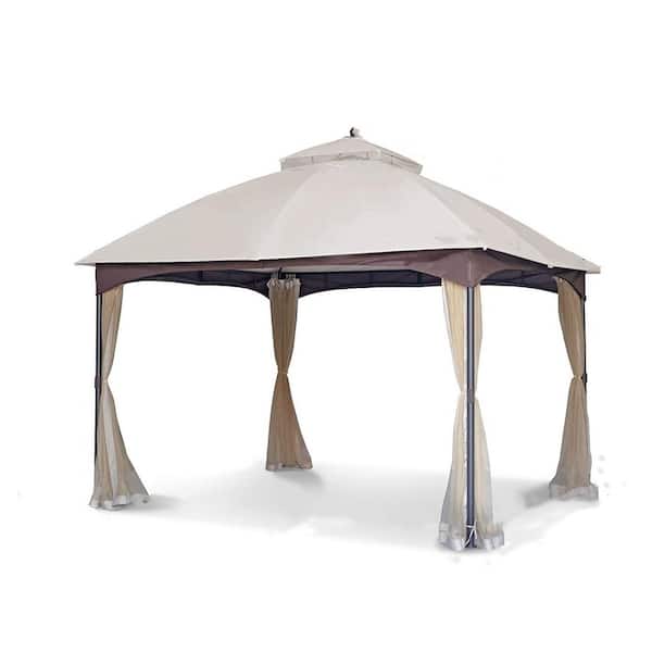 Unbranded 10 ft. x 12 ft. Softtop Metal Gazebo with Mosquito Net and Sunshade Curtains, Double Roof Canopy for Gardens
