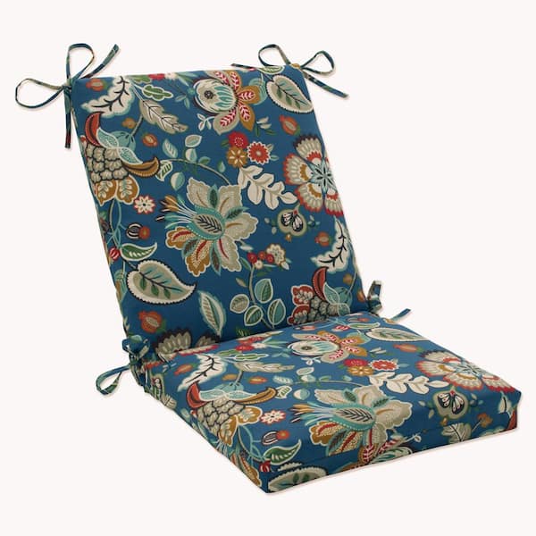 Pillow Perfect Floral Outdoor/Indoor 18 in. W x 3 in. H Deep Seat, 1-Piece Chair Cushion and Square Corners in Blue/Tan Telfair