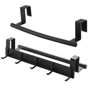 2-Piece Over the Door Towel Rack and Over Cabinet Towel Bar with 5-Hooks for Kitchen and Bathroom in Matte Black