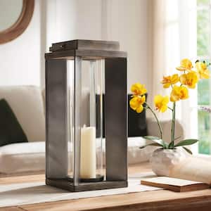 Large 19 in. H Gray Wood and Metal Candle Lantern