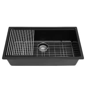 Loile 30 in. L Undermount Single Bowl Black Granite Composite Kitchen Sink with Grid, Strainer, Rack and Cutting Board