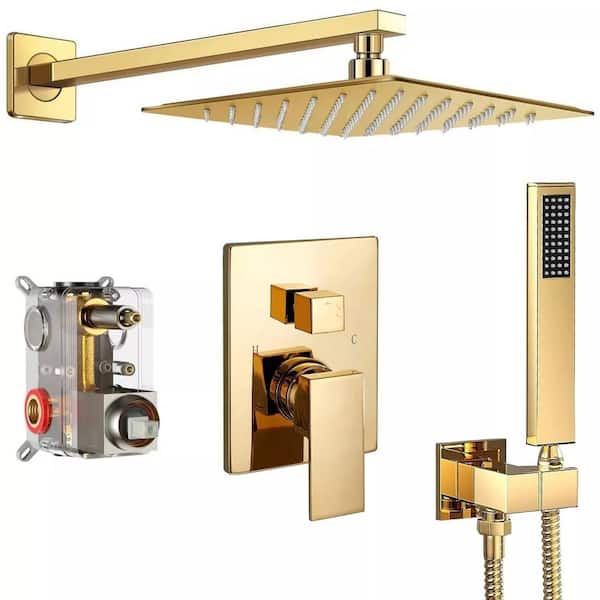 MTTCLE 2-Spray Square Dual Shower Fixed and Handheld Shower Head 1.8 GPM Wall Mount Shower Faucet Set in Gold