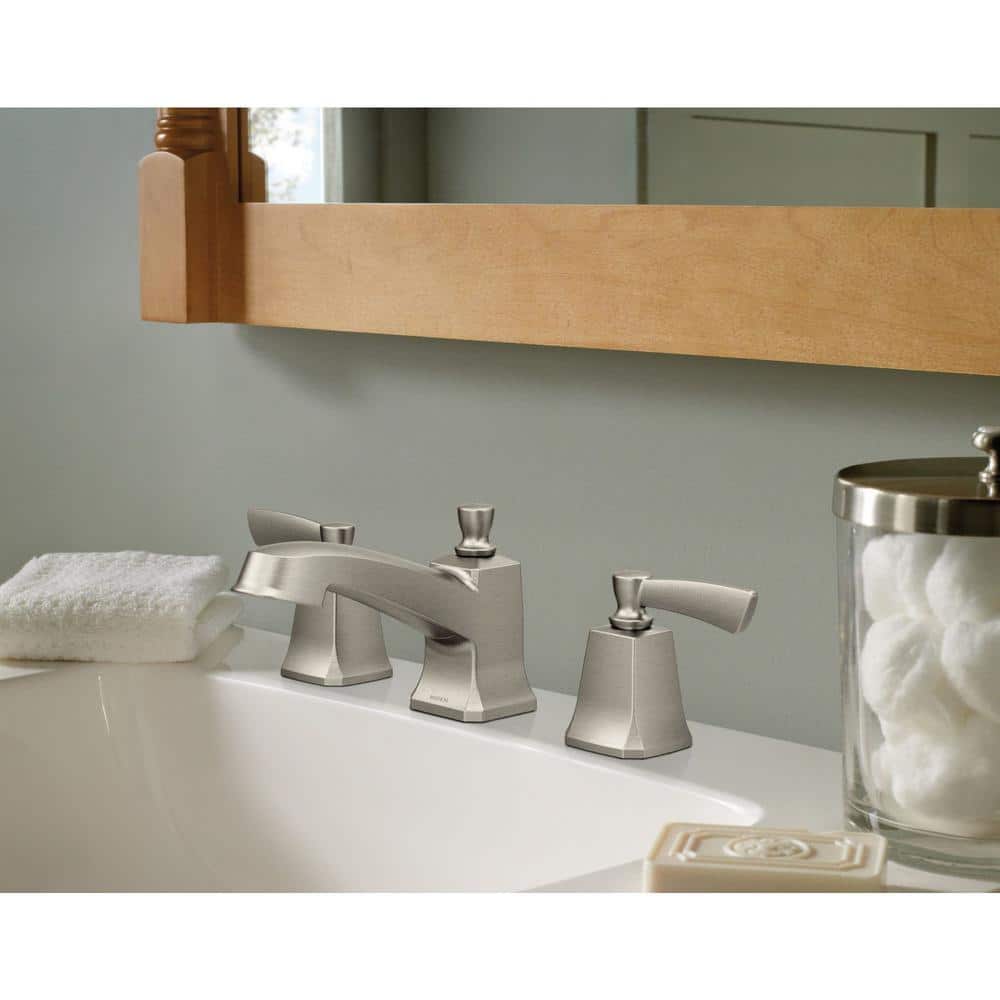 Spot Resist Brushed Nickel Double Handle Low Arc Bathroom Faucet